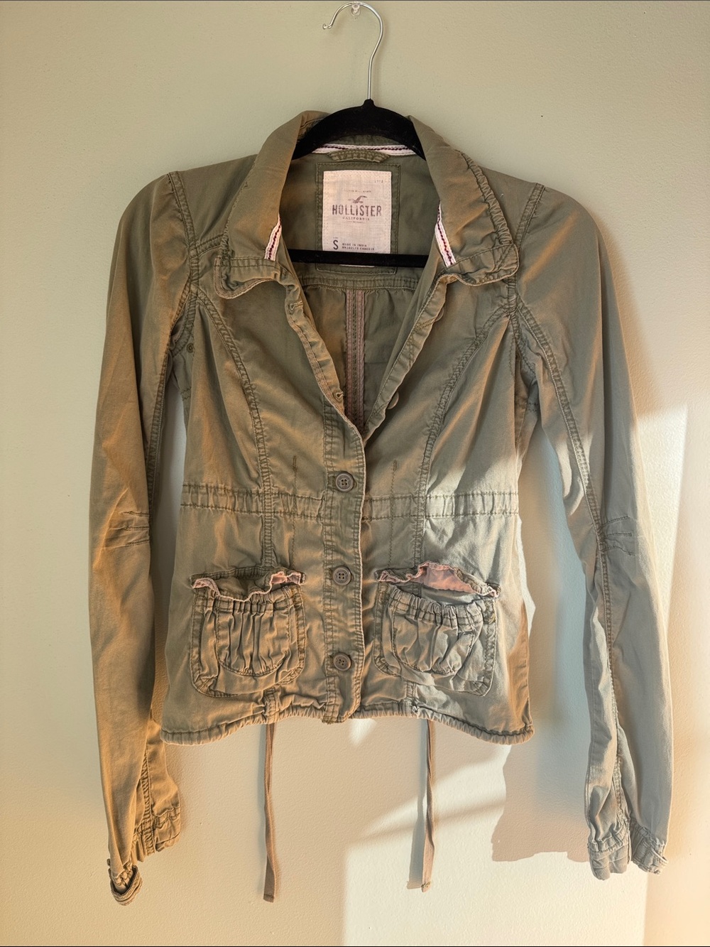 Hollister Olive Utility Jacket with Ruffle Pocket and Drawstring Waist - Size S
